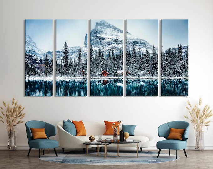 Winter Mountain Canvas Art - Snow Capped Mountain Canvas Print, Snowy Forest and Lake Wall Art, Winter Nature Decor,  Modern Alpine Artwork
