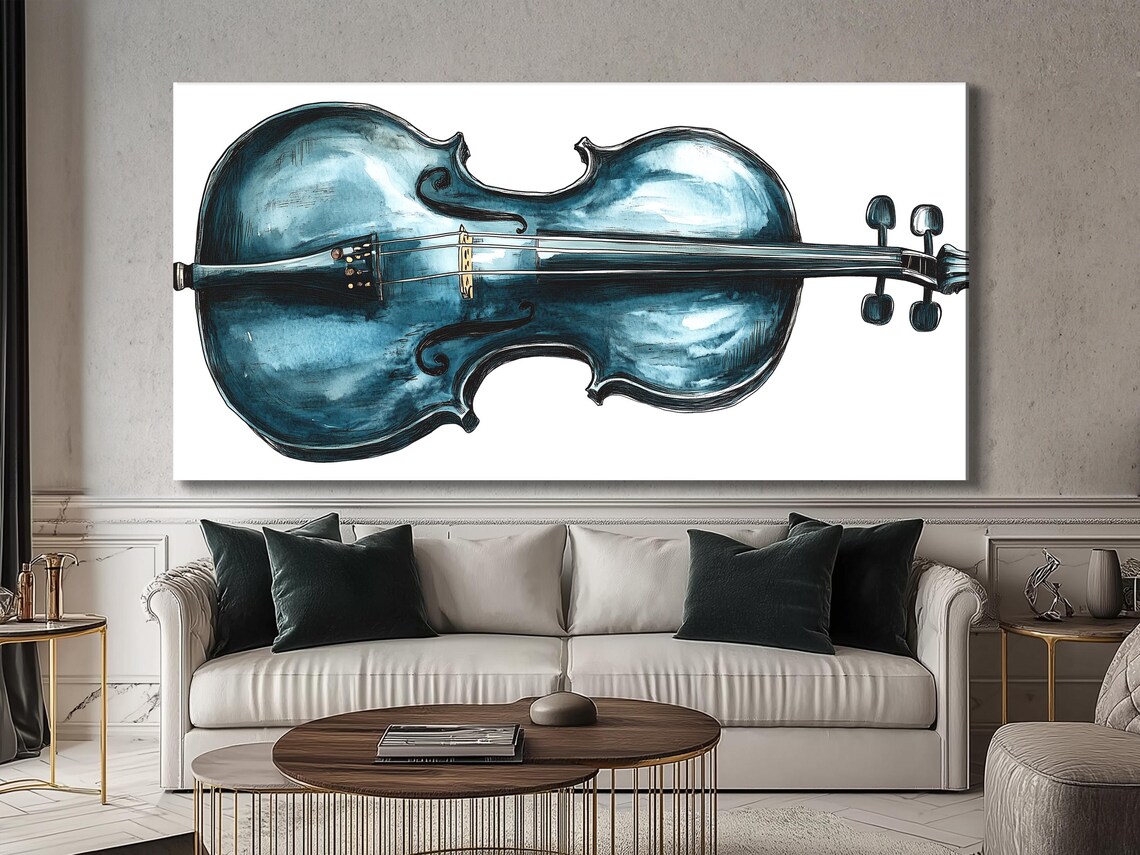 Blue violin illustration on a white background with dark outlines and painterly shading detail view