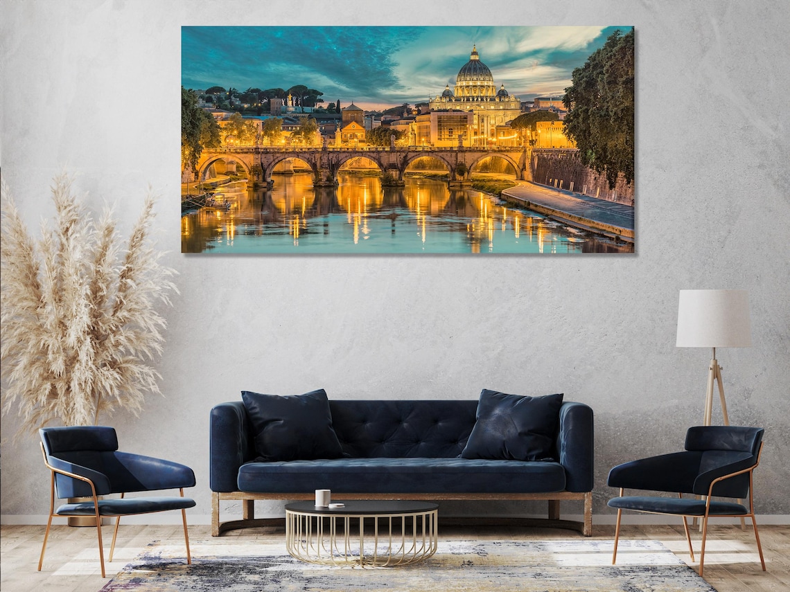Room mockup showing a set of vertical twilight cityscape artworks above a sofa