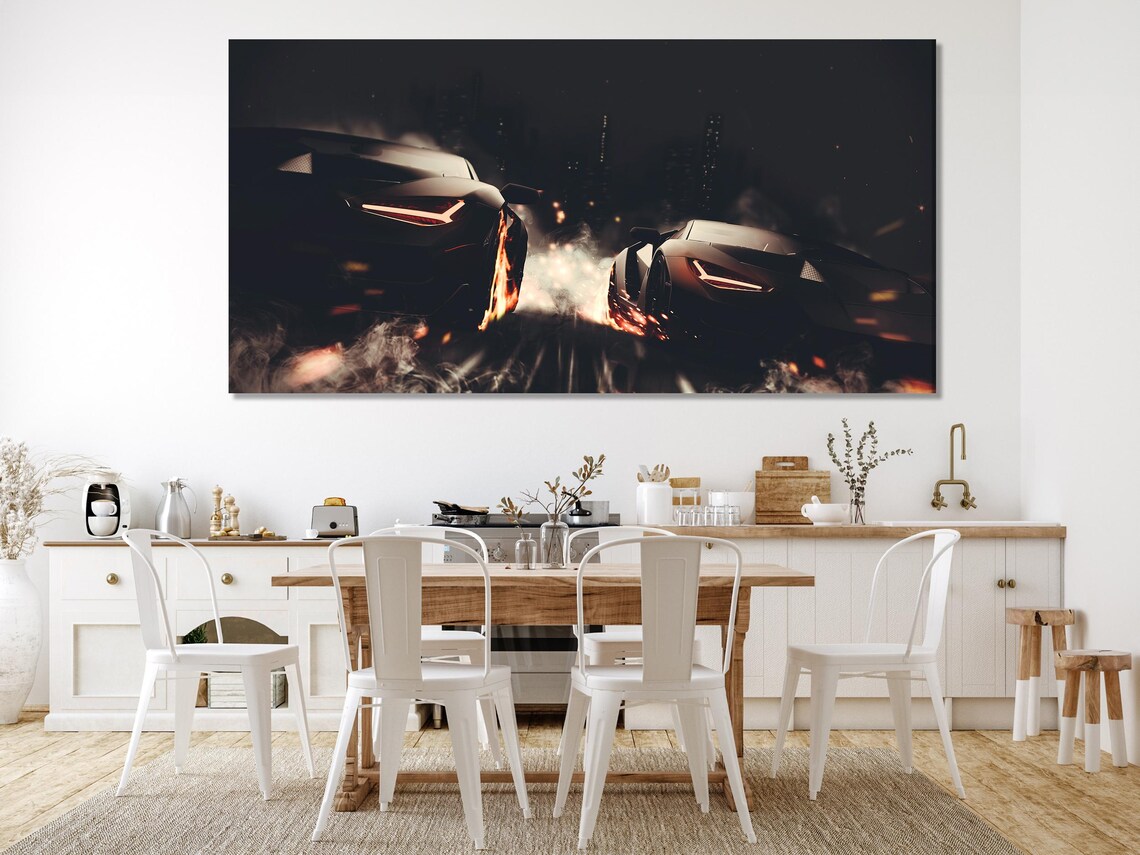 Living room mockup with multiple vertical panels showing a night sports car artwork above a sofa