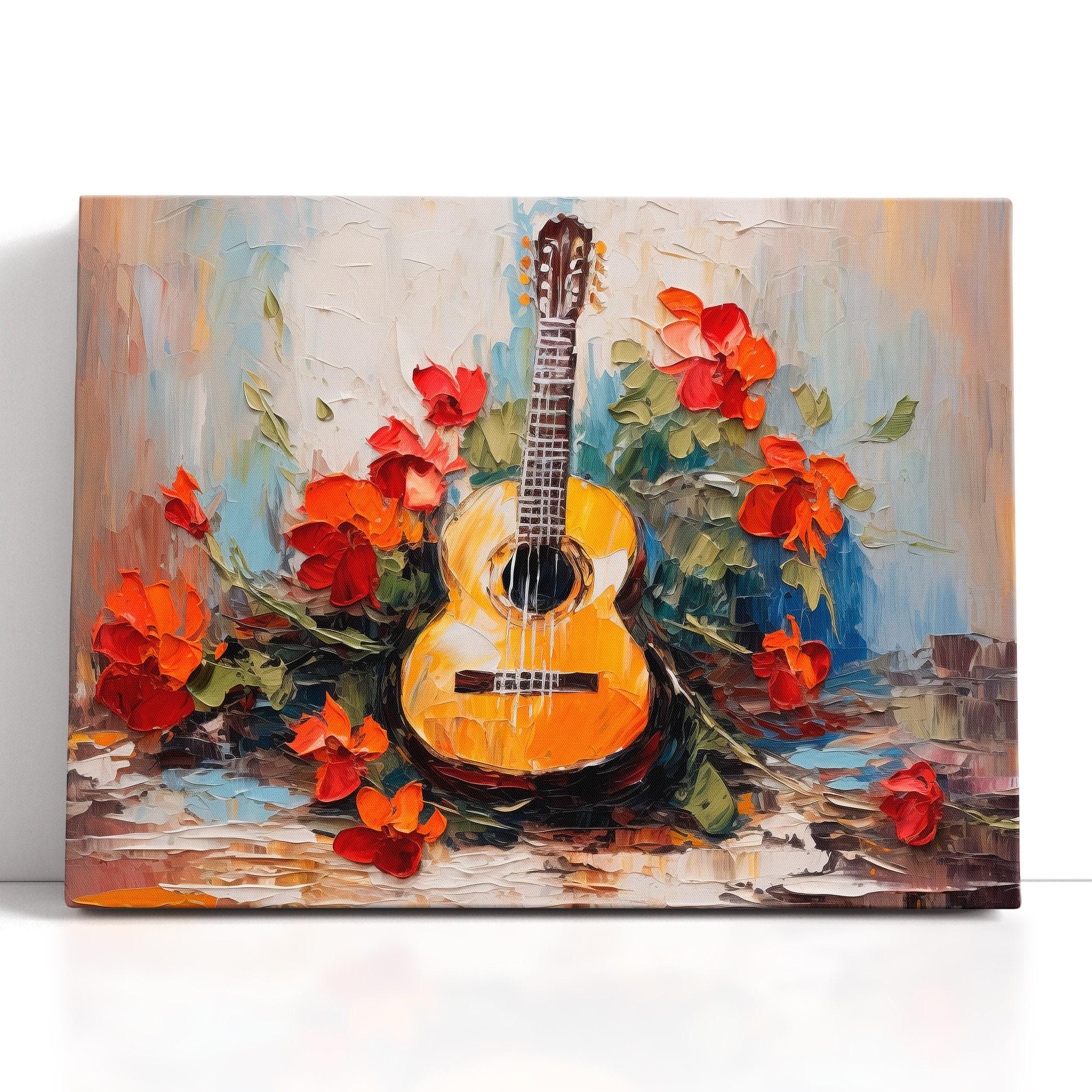 Impasto Guitar & Poppy Canvas Art – Textured Yellow Acoustic