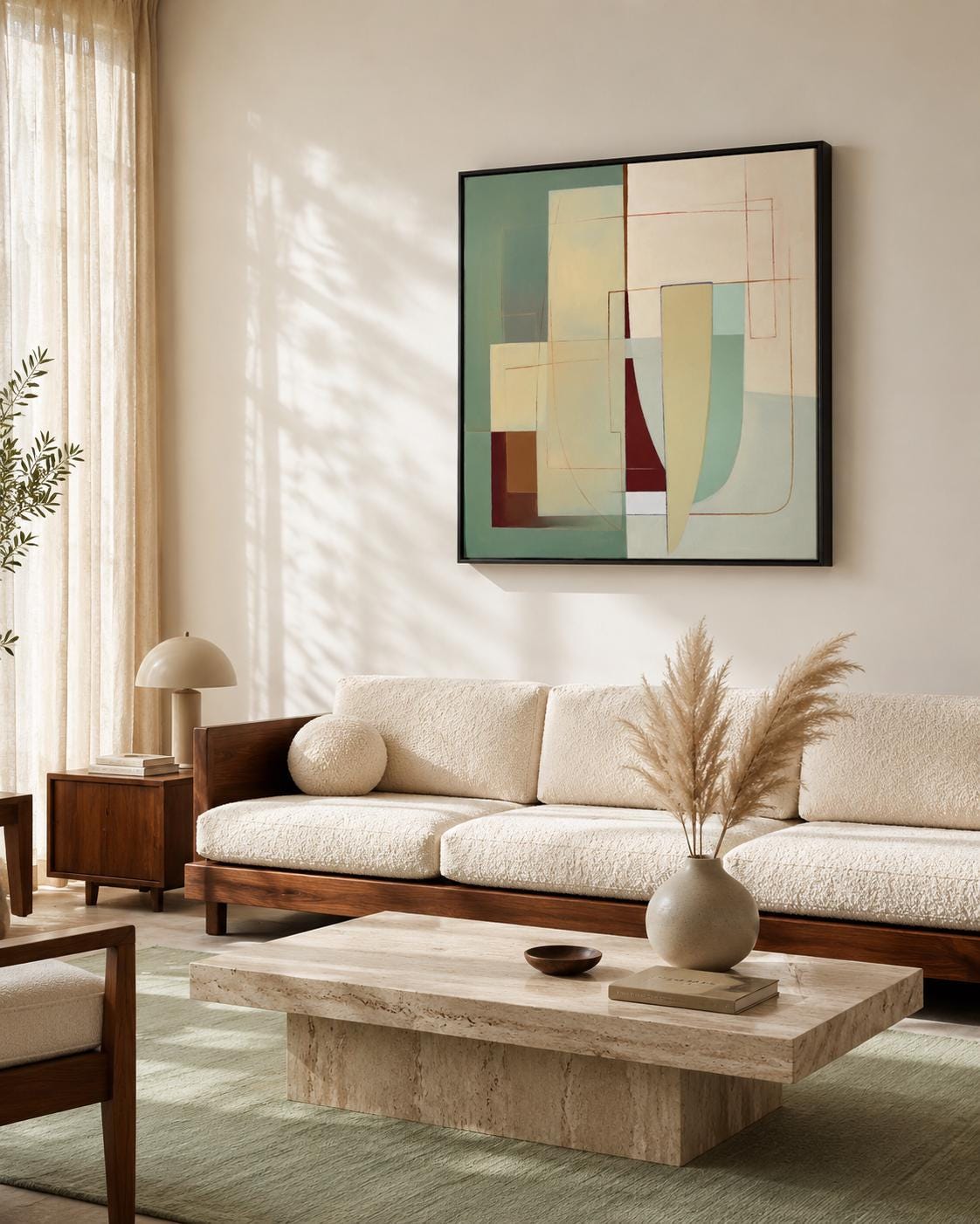A framed abstract geometric composition combines muted sage and terracotta blocks with cream and burgundy lines in a balanced, mid-century style