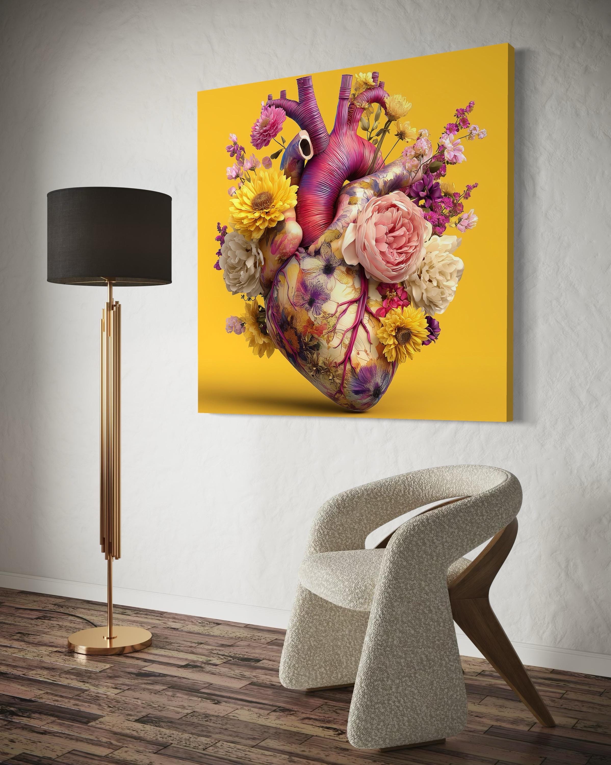 Room mockup showing a yellow floral heart artwork hung on a blue wall above a desk