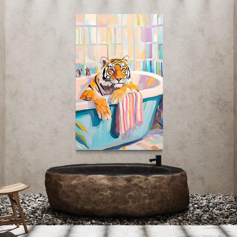 Stylised tiger reclining in a pastel bathtub with bright windowpanes and turquoise pink accents