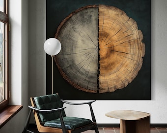 Könnte beinhalten: Ein großer, quadratischer Leinwanddruck mit einem detaillierten Querschnitt eines Baumstamms. Das Bild ist vertikal geteilt, eine Hälfte in Grautönen, die andere in warmen, goldenen Farbtönen. Holzmaserung und Jahresringe sind deutlich sichtbar.