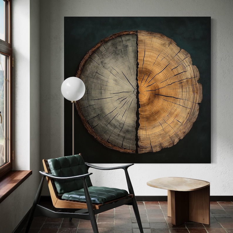 Circular tree ring cross-section artwork with cool grey and warm amber rings divided by a dark split