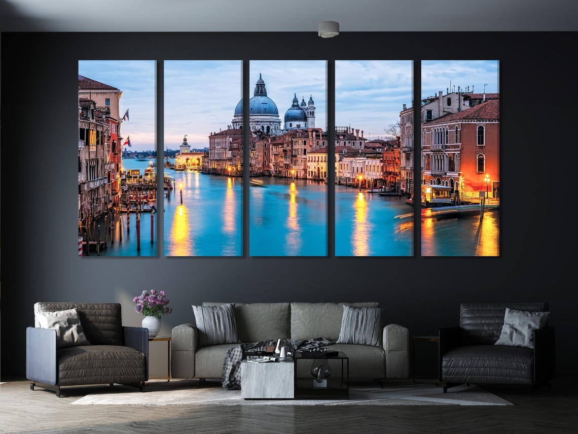 Three-panel Venice canal cityscape at dusk with teal water, warm lights and domed buildings detail view