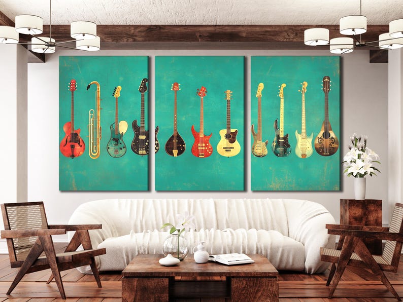 Teal retro panels showing a vertical lineup of stylised guitars and bass guitars