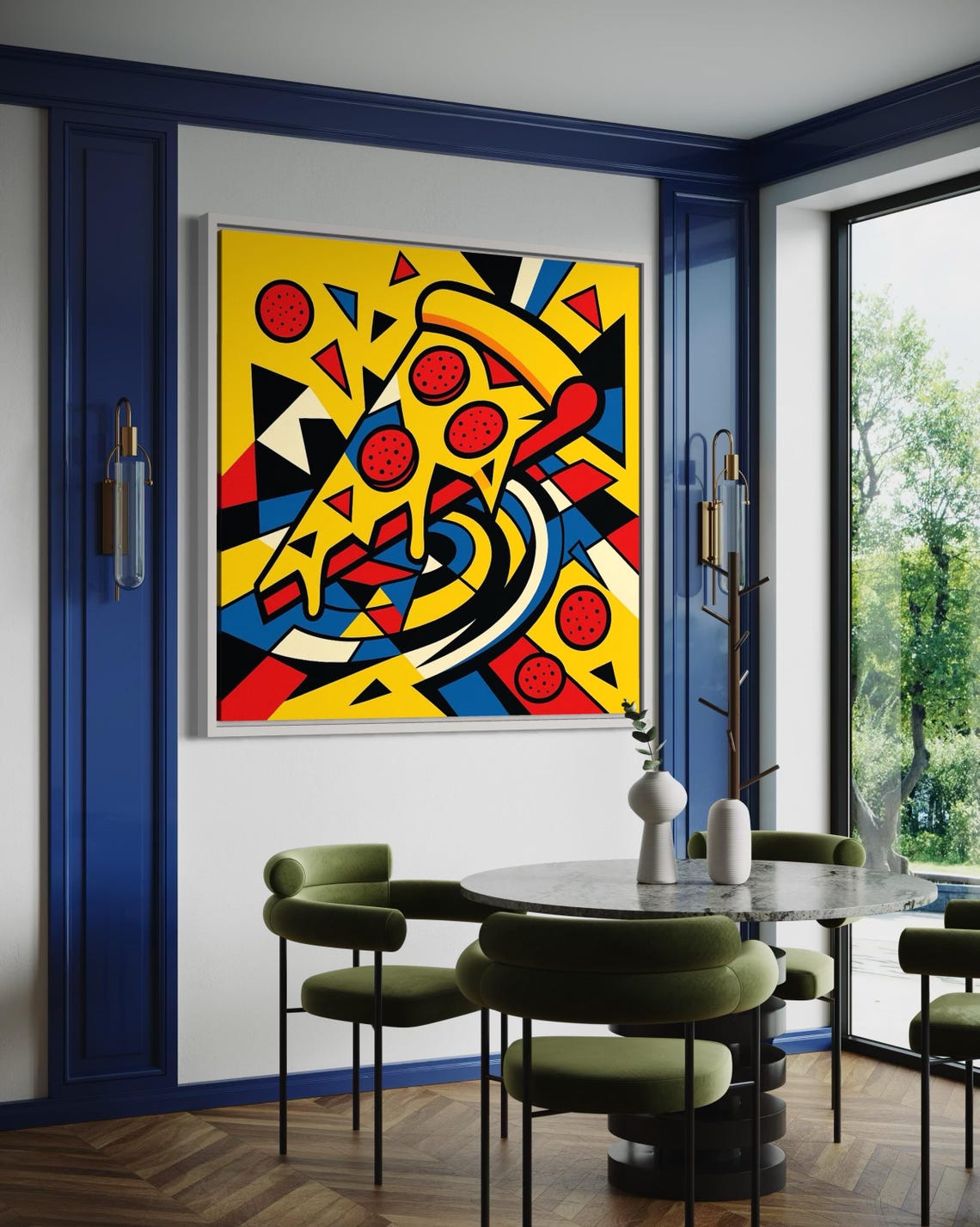 Pop art pizza slice illustration with yellow, red and blue geometric shapes and thick black outlines detail view