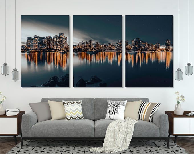 Vancouver Cityscape Canvas Art Print - Modern Skyline Wall Art, Night Reflection Print, Canadian Urban Decor Gift for Architecture Lovers