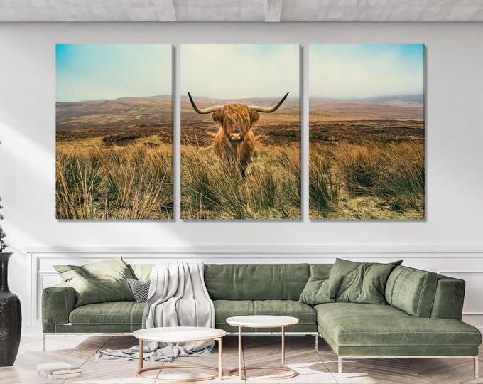 Highland Cow Wall Art - Rustic Art Farmhouse Decor, Hairy Cow Oversized Canvas Print, Country House Wall Decor, Farm Decor, Cow Wall Decor