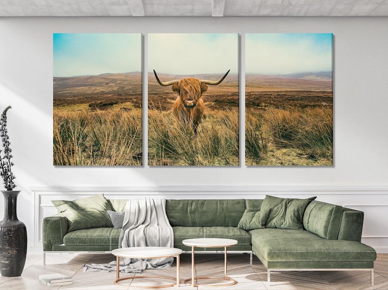 Highland cow with long horns standing in tall grass in a countryside landscape