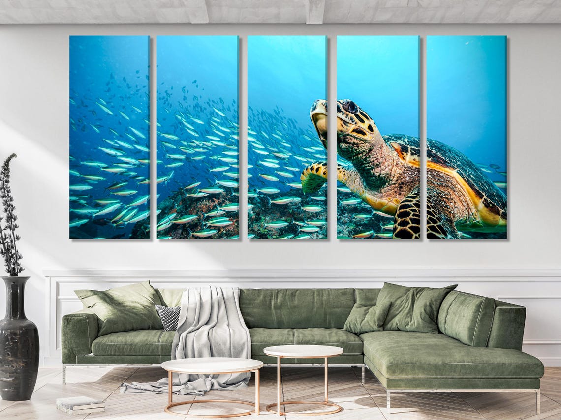 Living room mockup showing an underwater sea turtle artwork above a sofa
