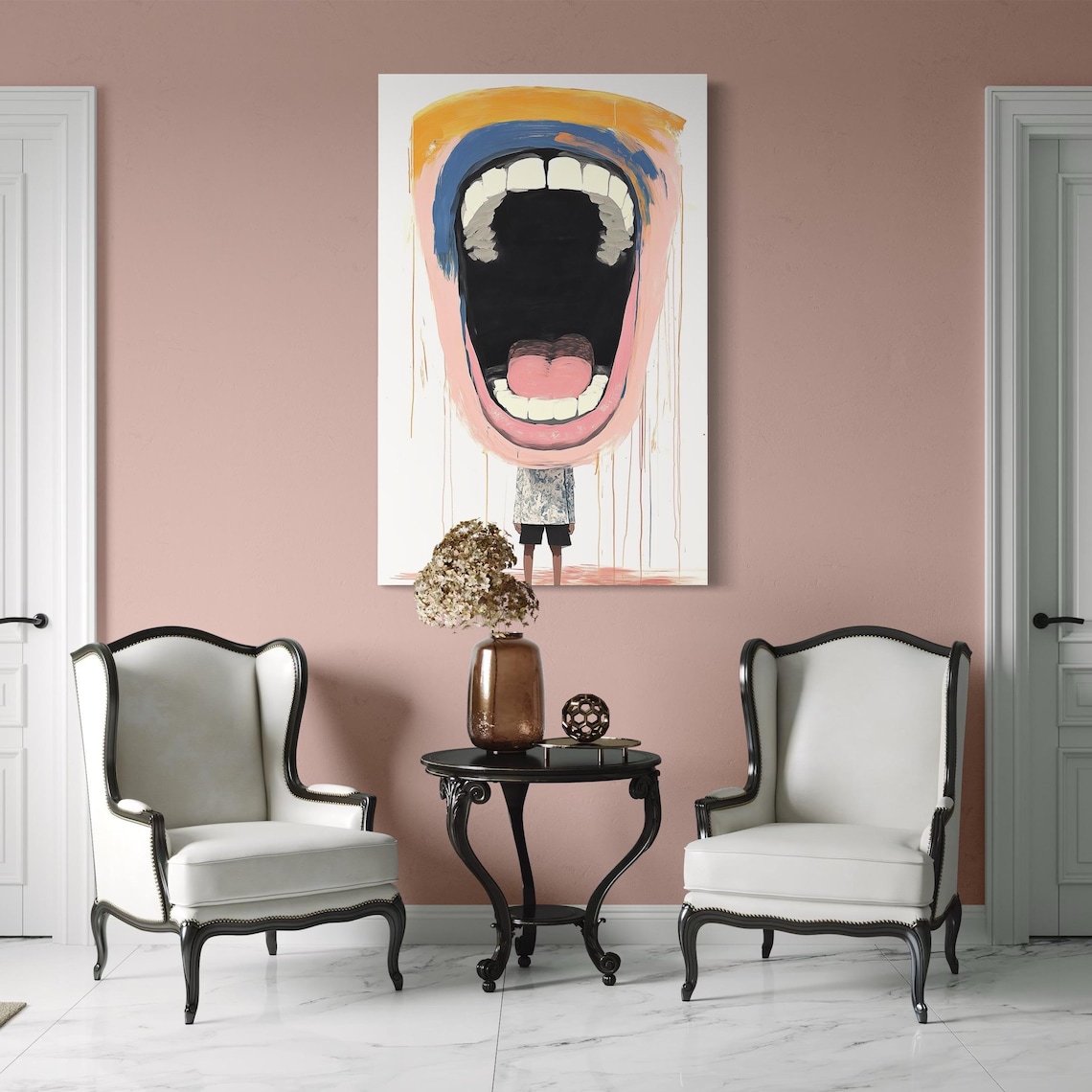 Mockup showing the scream face artwork hung in a bright room by windows