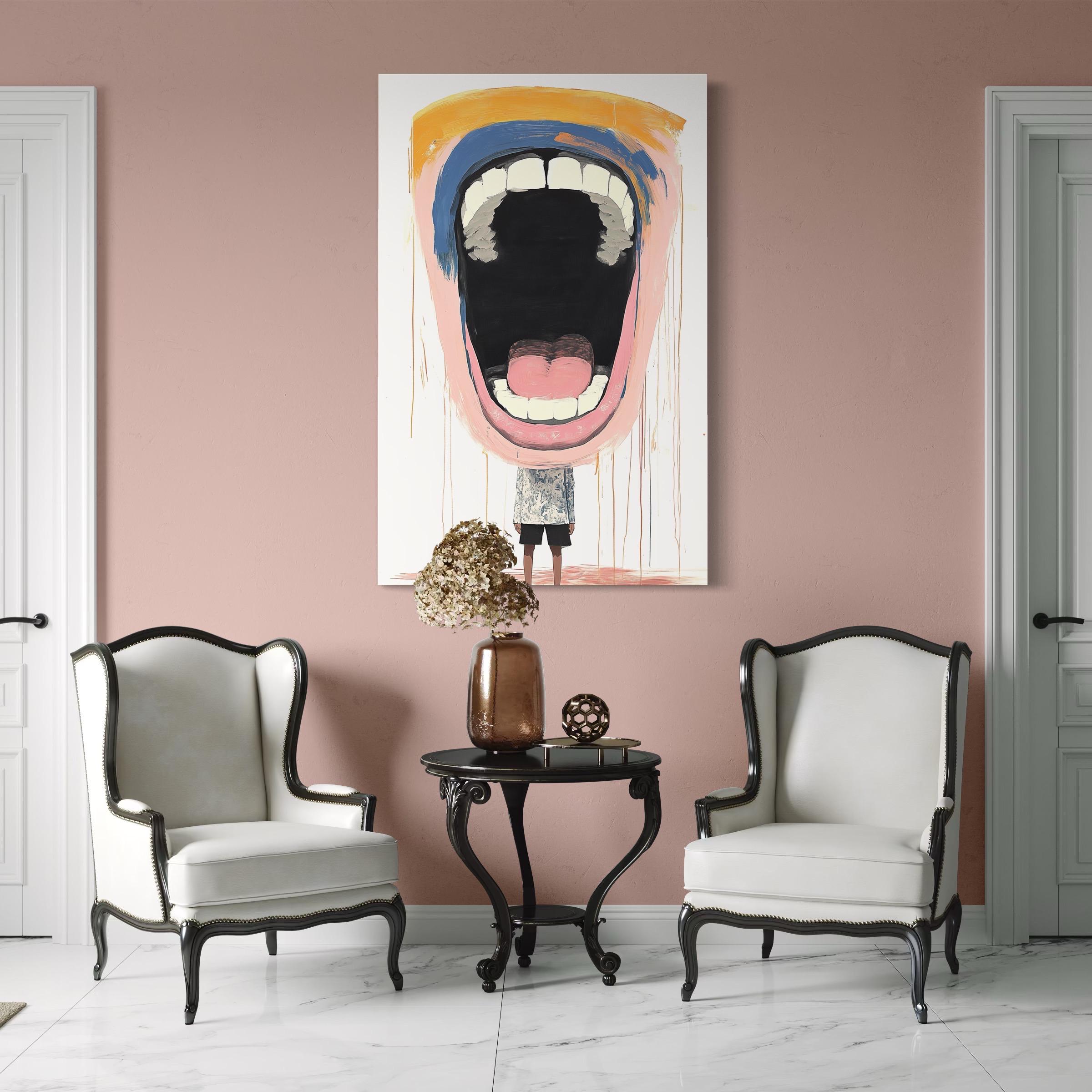 Mockup showing the scream face artwork hung in a bright room by windows