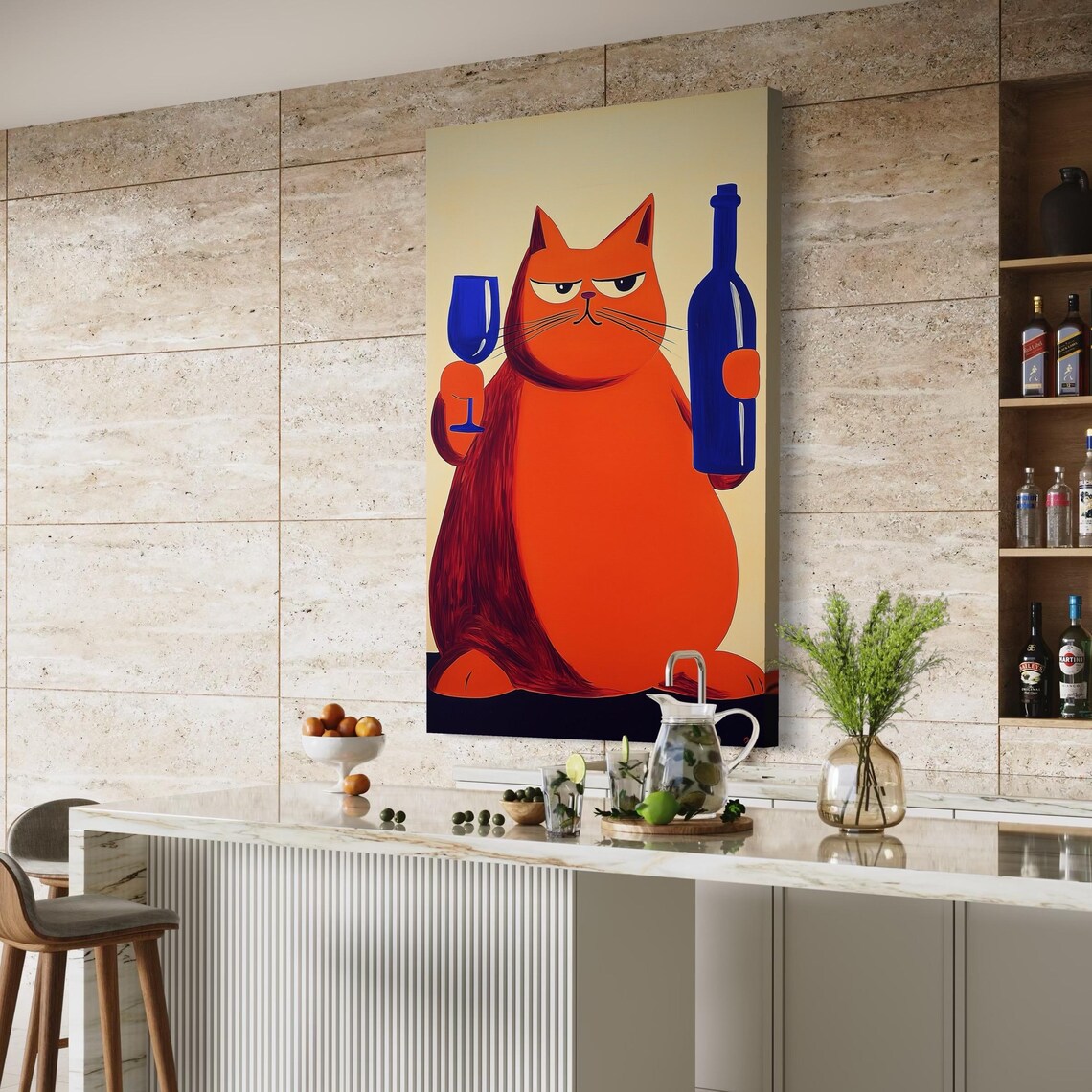 Stylised orange cat holding a blue wine glass beside a blue wine bottle on a beige background detail view