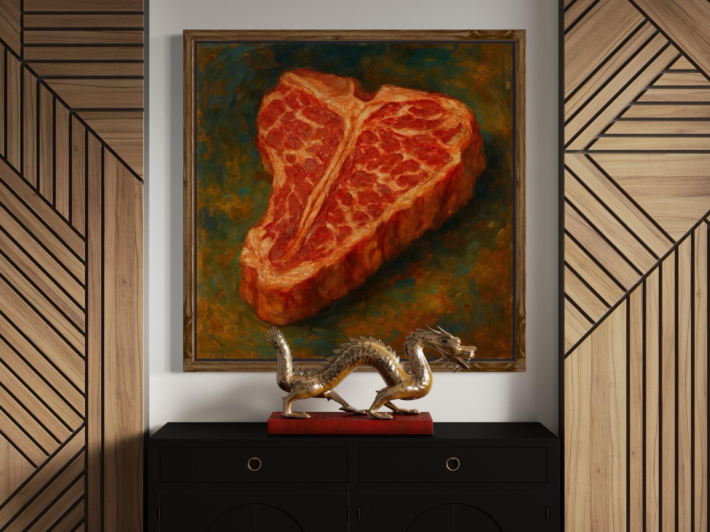 Painterly red-orange t-bone steak with marbled texture against a mottled green background detail view