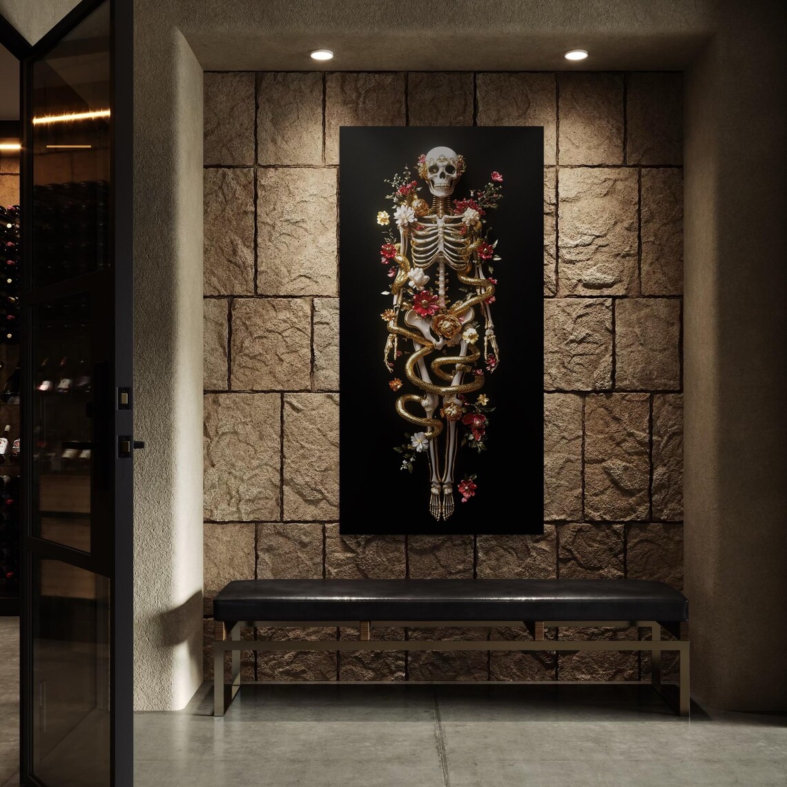 Artwork of a gothic floral skeleton with gold serpent coils shown on a dark background panel above a table and lamp