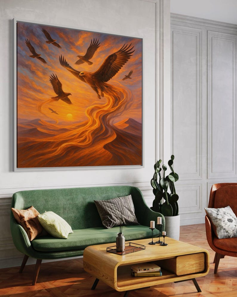 A golden eagle in mid-flight dominates a fiery mountain sunset, with a warm orange sky, swirling river-like lava forms and several smaller birds