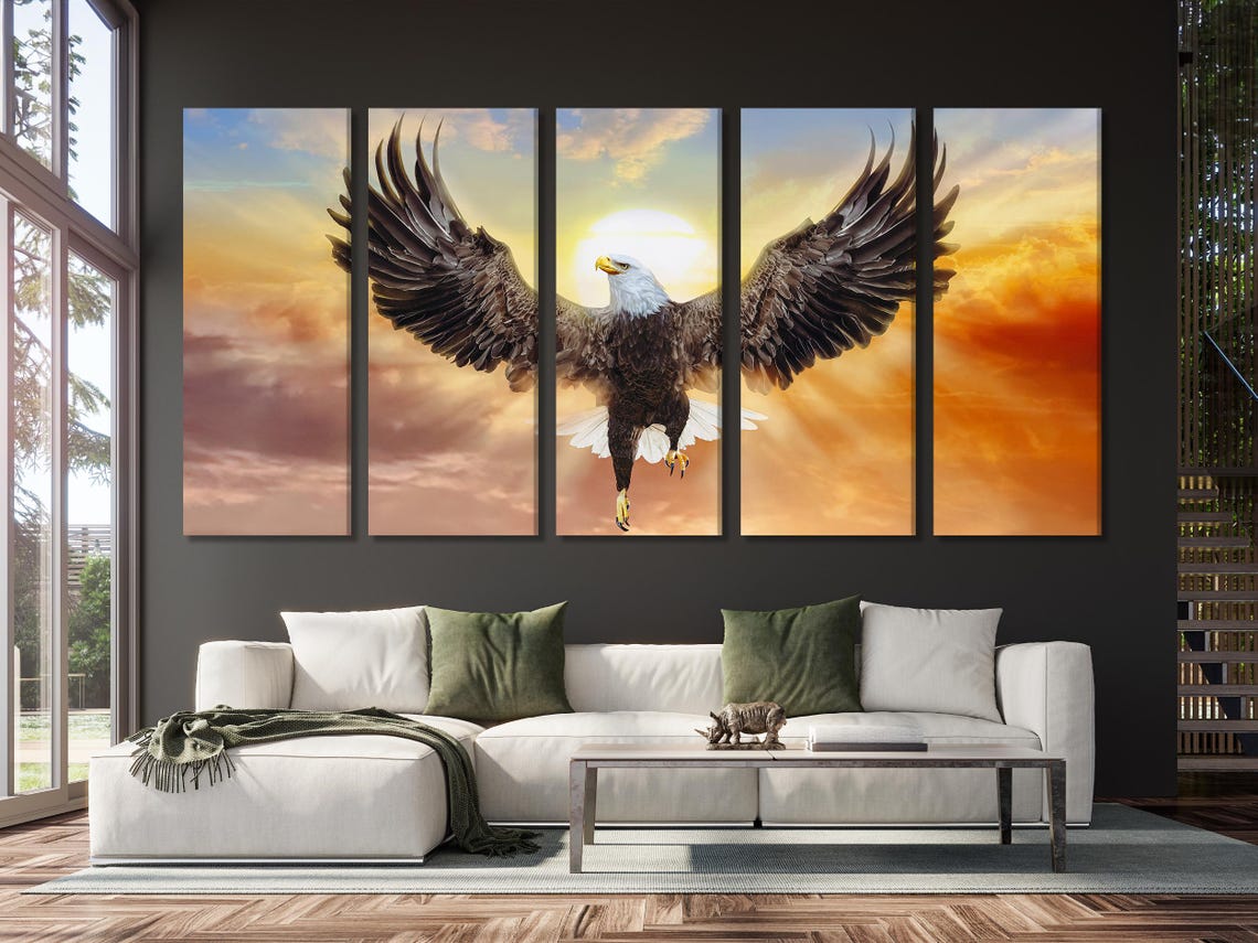 Room mockup showing a bald eagle wall artwork above a sofa