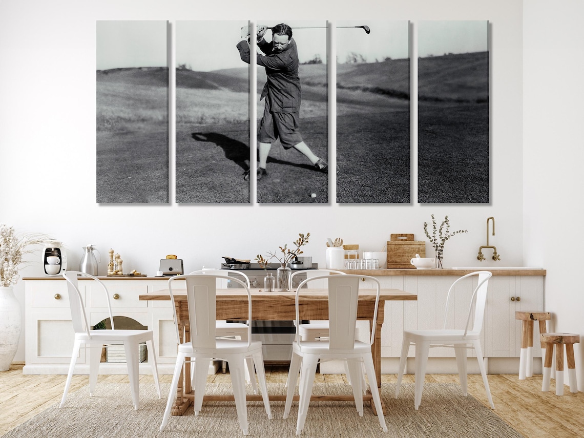 Black-and-white golfer mid-swing on a fairway with a long shadow detail view