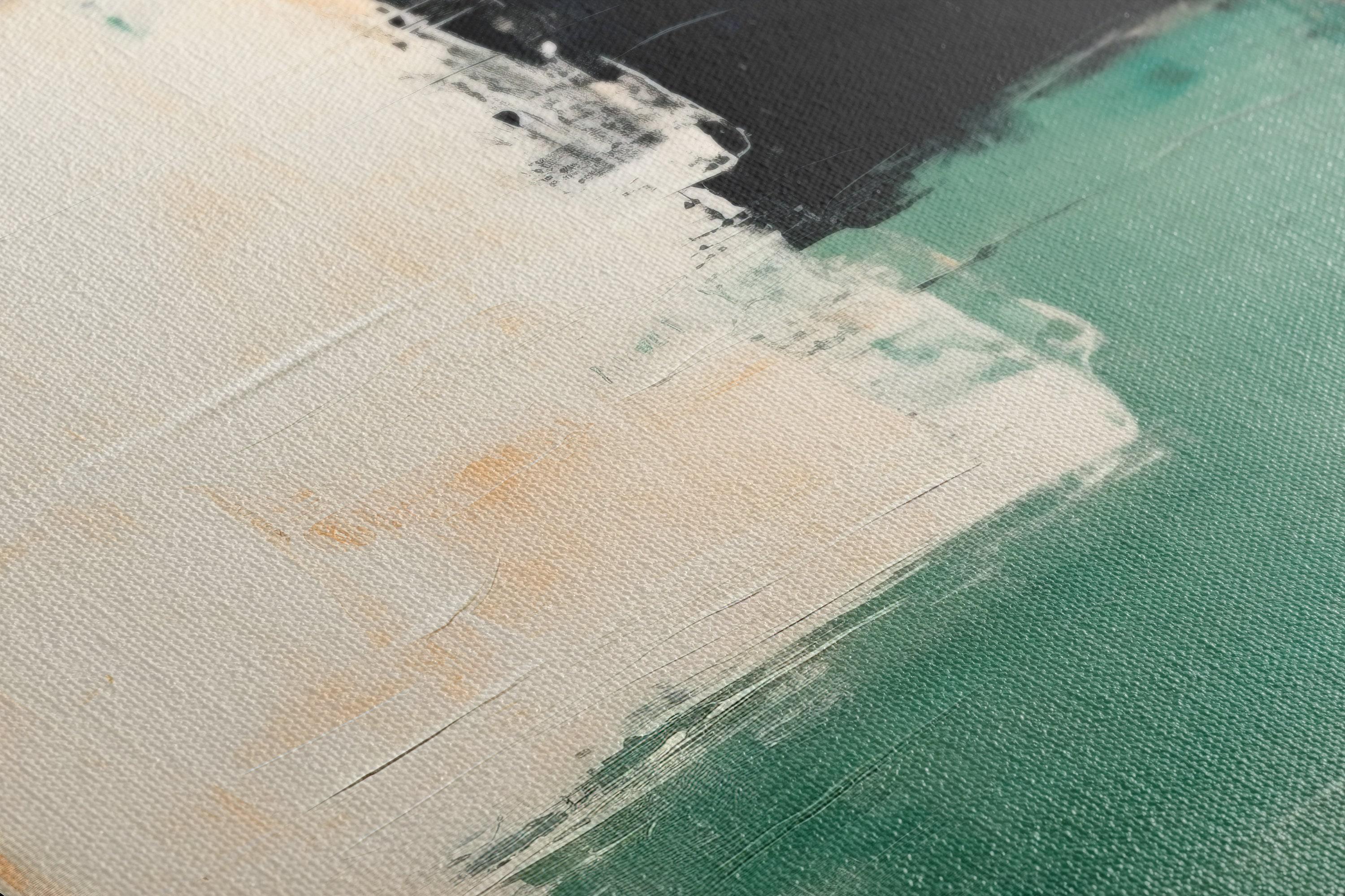 Textured abstract colour-block artwork with cream, charcoal-black and muted forest green areas detail view