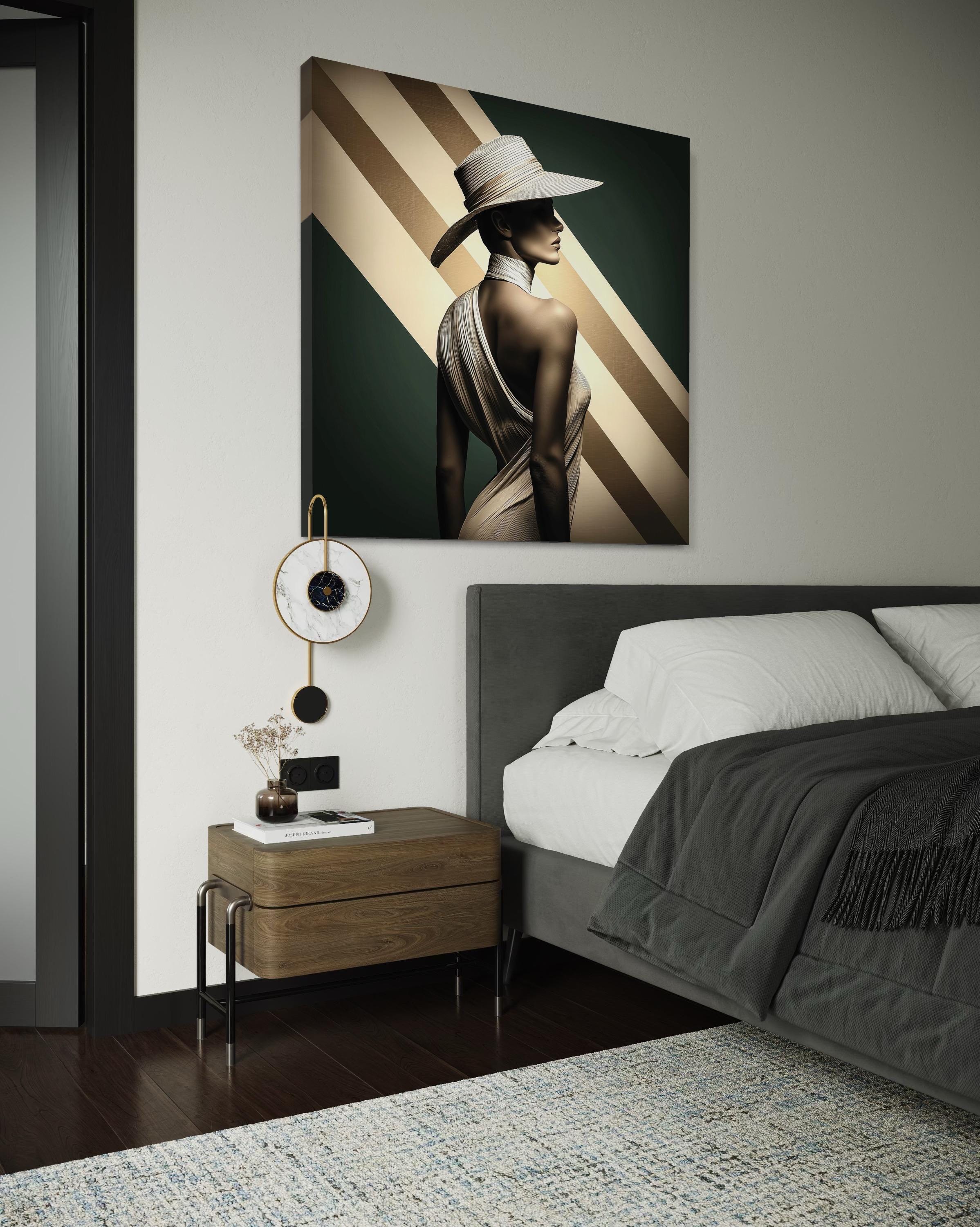 Modern room mockup showing a framed Art Deco style woman portrait above a console table