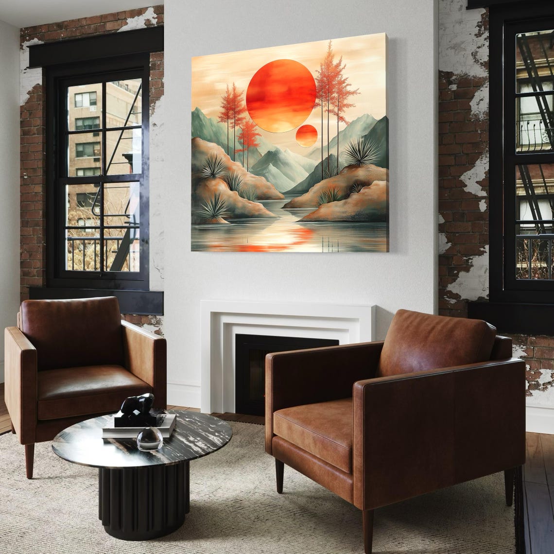 Room mockup showing a bed and artwork of a mountain valley with red sunset circles above the bed
