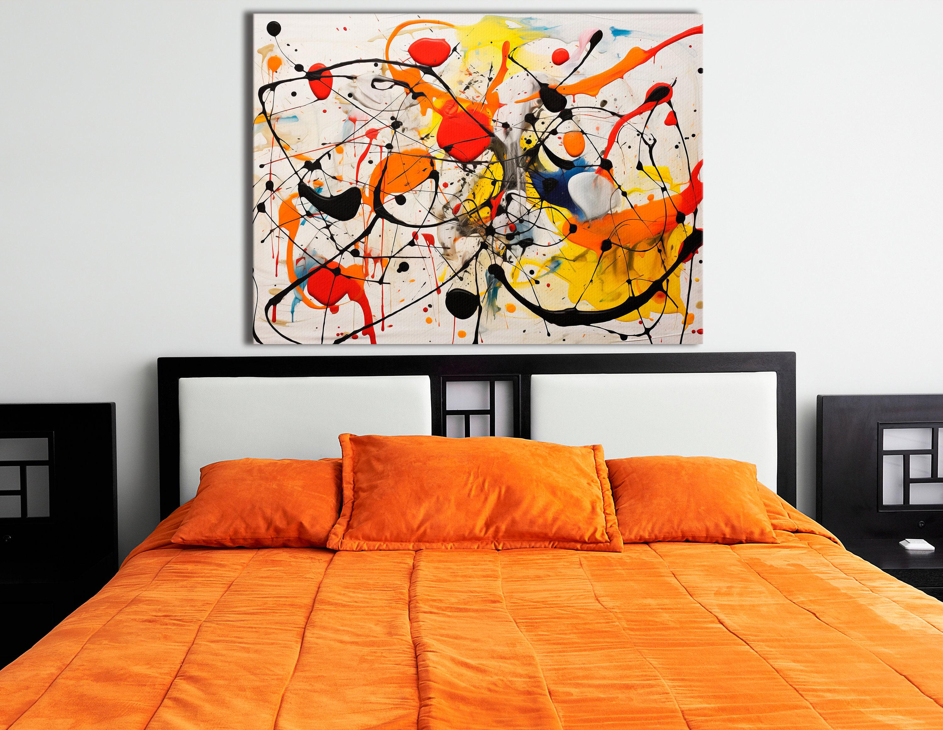 Abstract splatter artwork with black looping lines and red, orange, yellow and blue paint bursts on a white background detail view