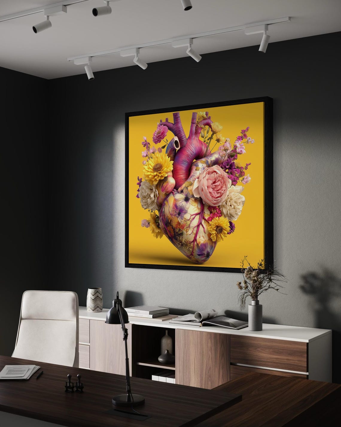 Room mockup showing a yellow floral heart artwork hung on a blue wall above a desk