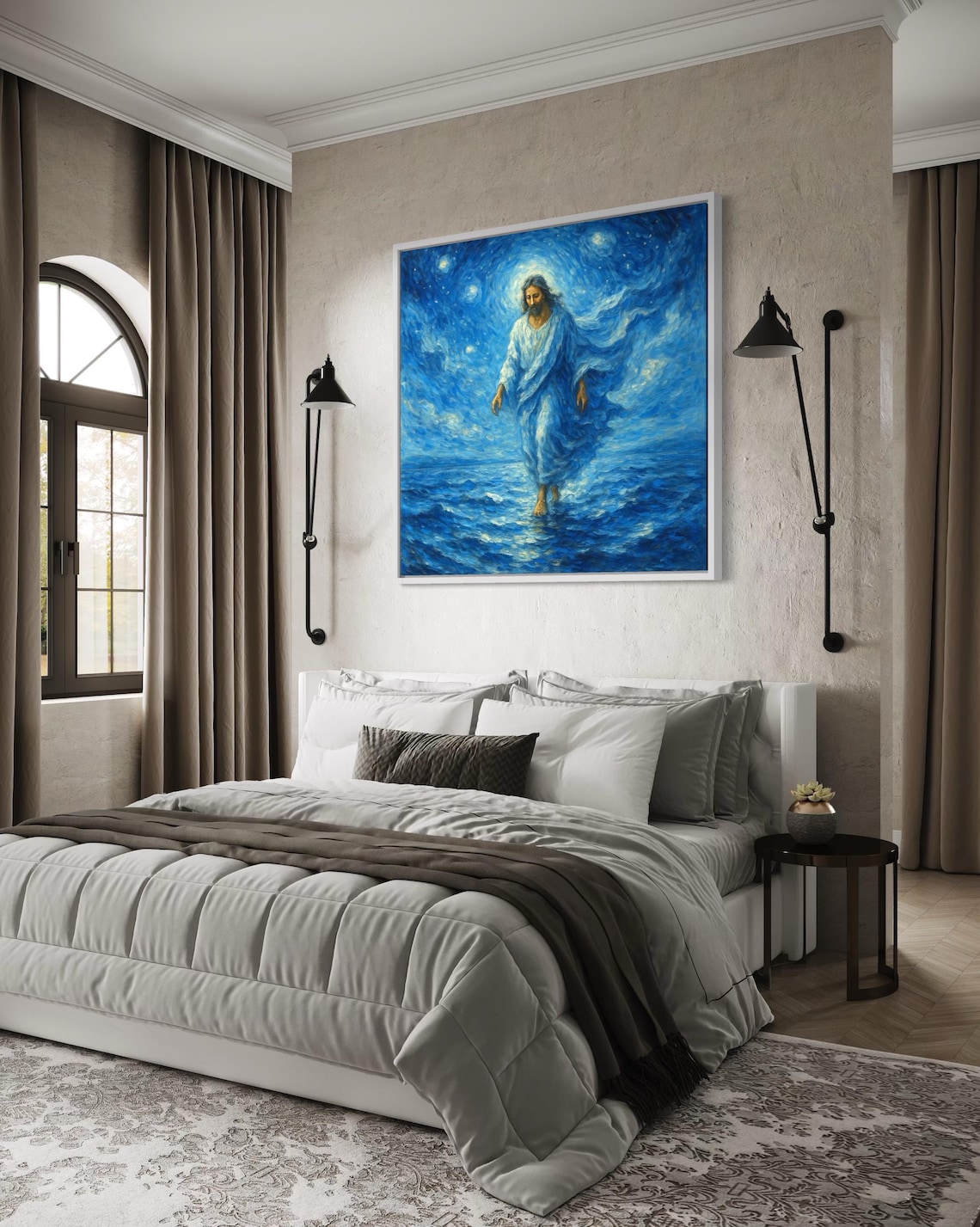 Jesus walking on water artwork on a wall above a bed in a bright room
