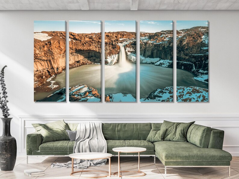 Multi-panel winter waterfall landscape showing white cascades over icy blue river pools and dark cliff rocks