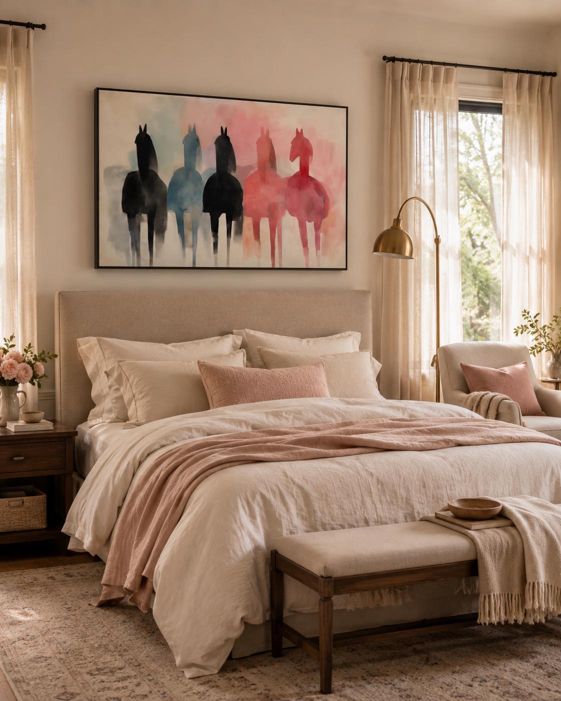 A person standing near a floor plant and a framed horse silhouette artwork on a wall