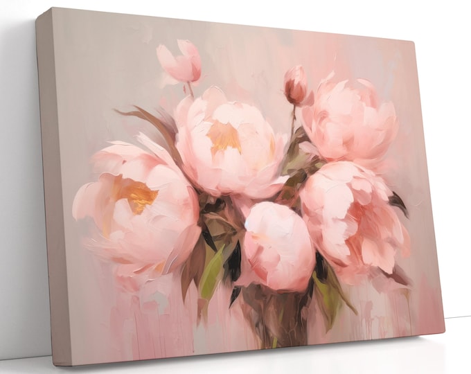 Blush Peony Bouquet Canvas Art – Soft Pink Floral Painting, French Country Neutral Wall Decor for Bedroom or Entryway, Gift for Bride