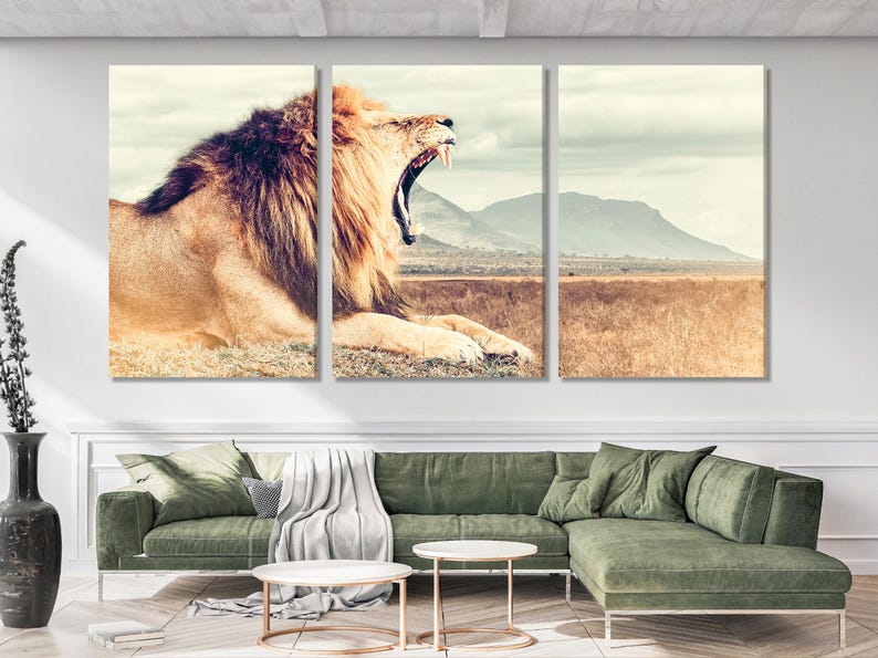Triptych of a roaring lion close-up, another roaring lion panel, and a savannah landscape with distant mountains
