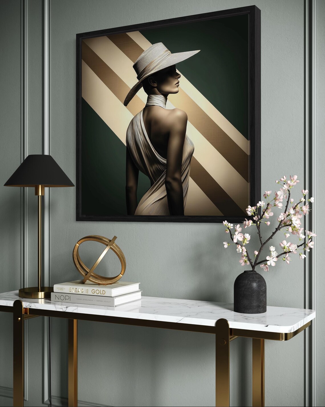 Modern room mockup showing a framed Art Deco style woman portrait above a console table