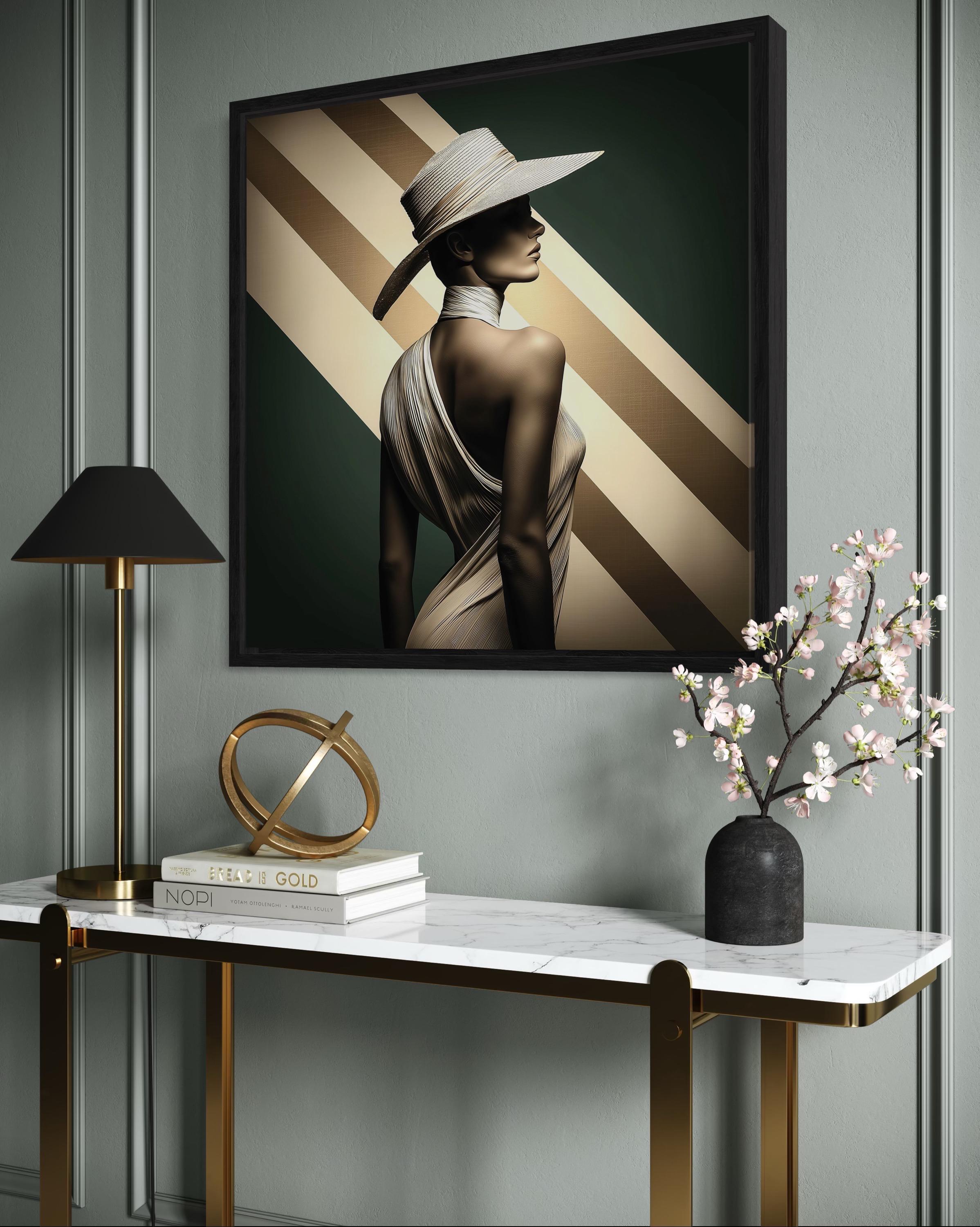 Modern room mockup showing a framed Art Deco style woman portrait above a console table