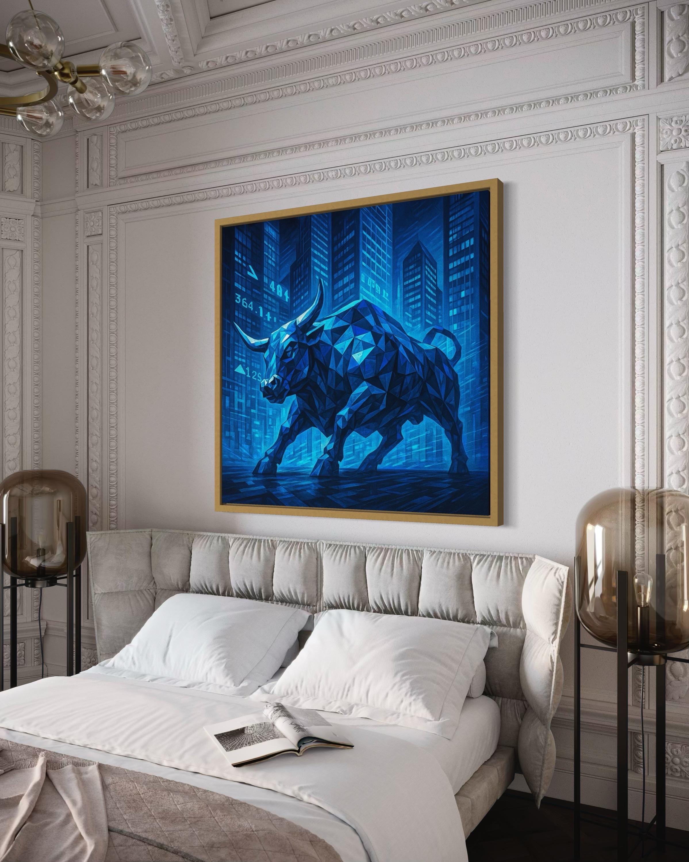 A geometric blue bull stands in a stylised city canyon, its facets catching bright cyan highlights against deep navy buildings and street markings