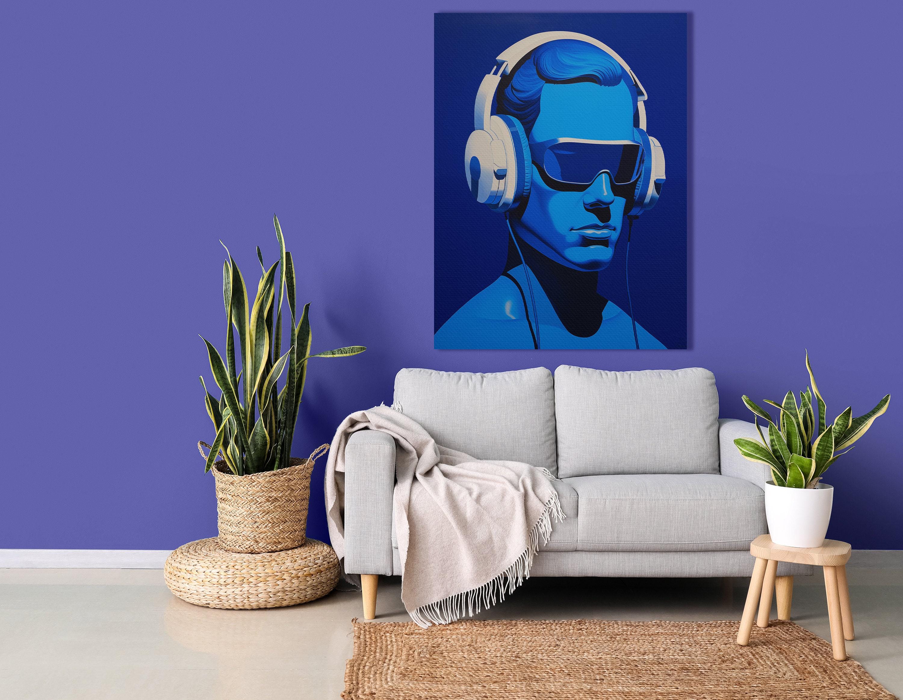 Electric blue portrait of a person wearing large headphones and dark visor sunglasses detail view
