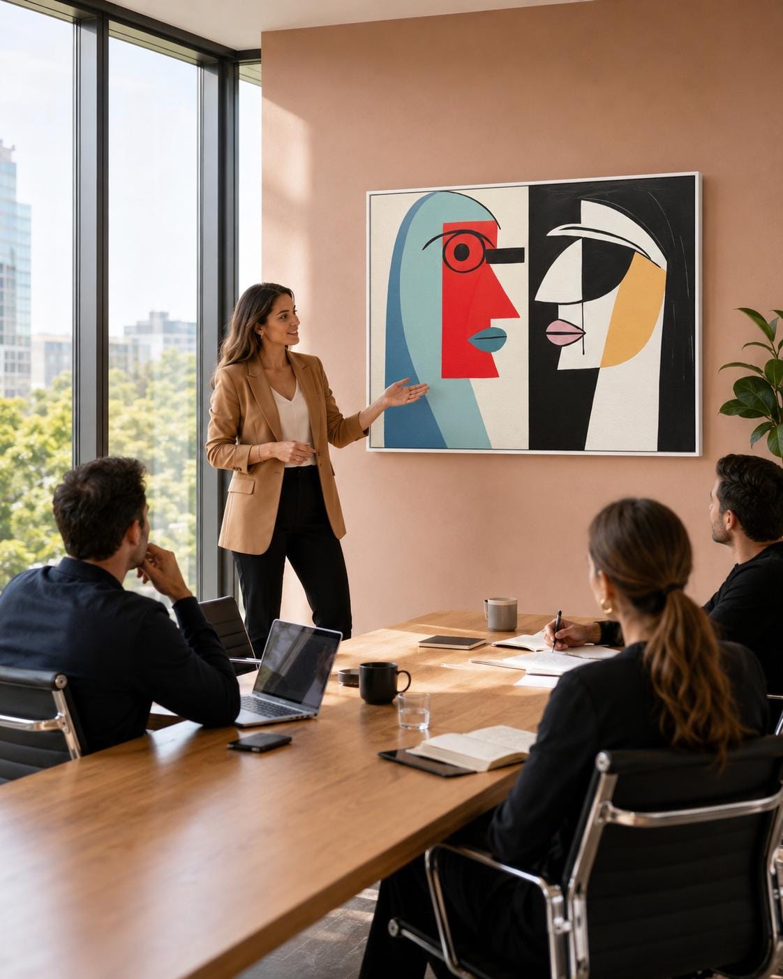 A geometric, cubist-style couple of abstract faces sits within a two-panel composition, using bold red, teal, black and white with warm ochre accents
