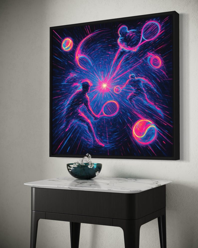 Neon tennis artwork with two silhouetted players facing a bright pink and blue starburst