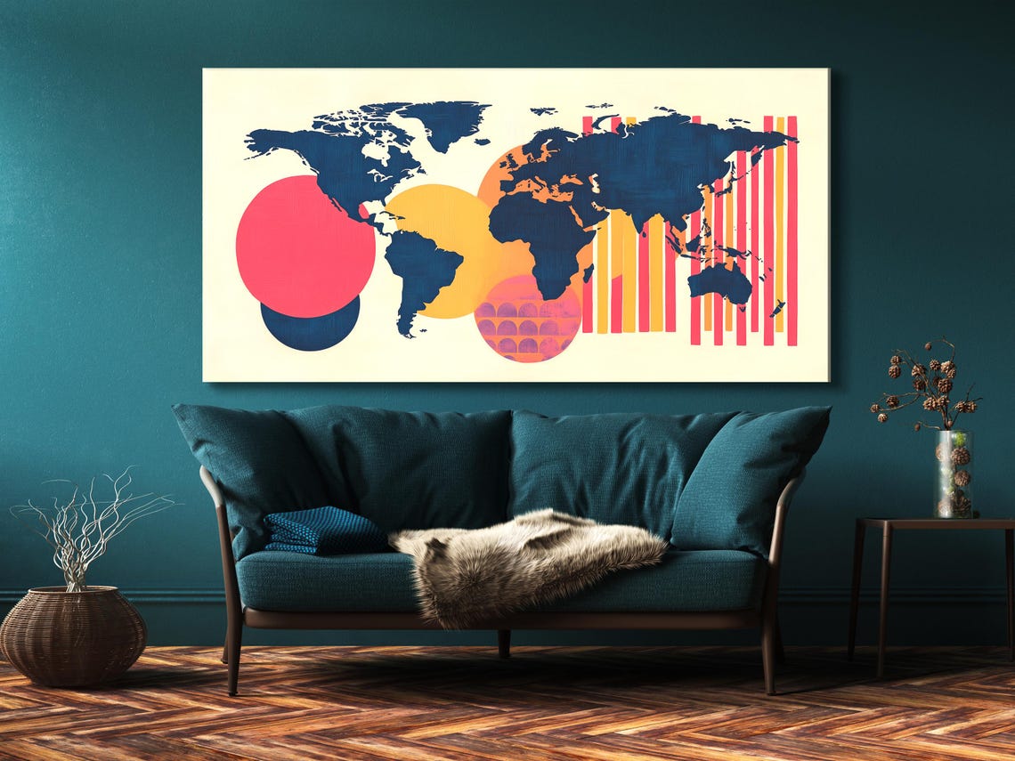 Geometric world map artwork with navy continents, coral stripes and a pink circle across five panels detail view