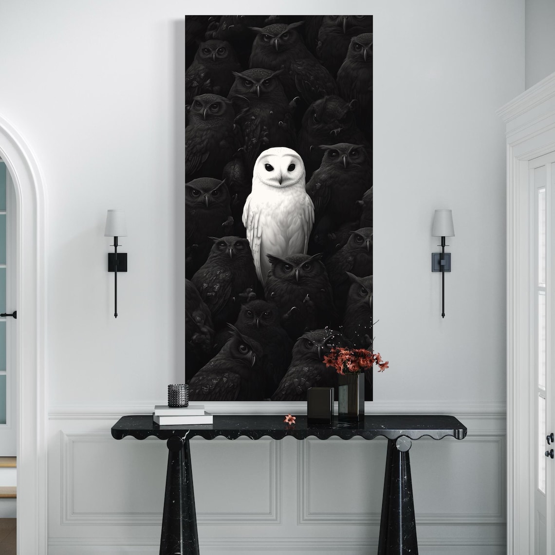 White and black owl wall art placed on a wall in a modern room mockup