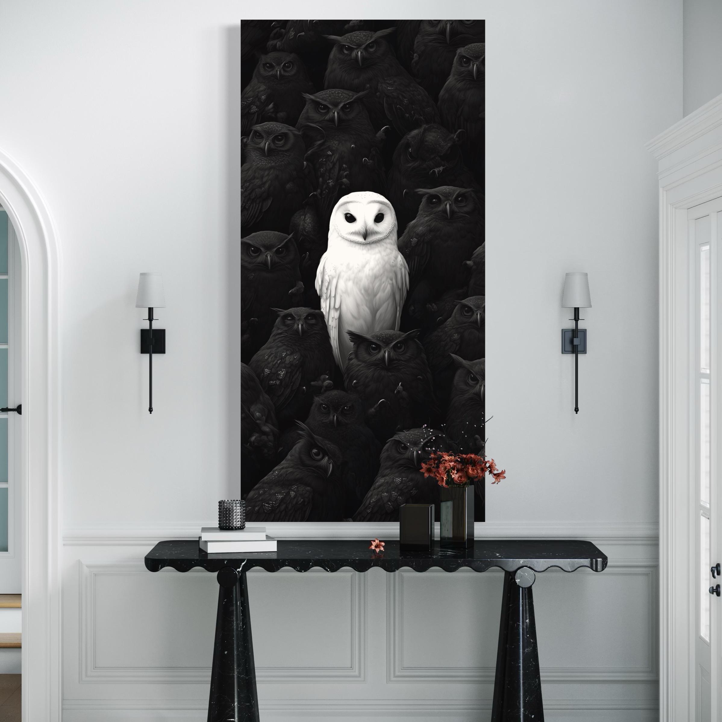 White and black owl wall art placed on a wall in a modern room mockup