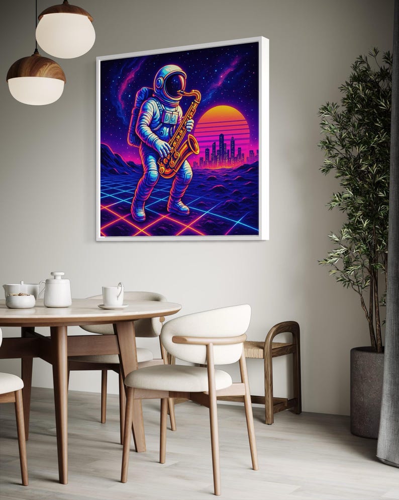 Neon astronaut playing a saxophone in a synthwave space scene with a glowing grid and sunset sun