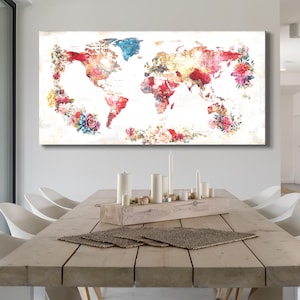 Bunte Weltkarte Blumen Gemälde Abstrakte Aquarell Karte Wand Dekor Blume Reise Kunst Interior Home Dekor Karte Liebhaber Geschenk