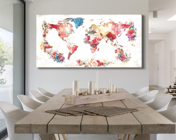 Colorful Floral World Map Canvas Painting Abstract Watercolor Map Wall Decor Flower Travel Art Interior Home Decor Map Lover Gift