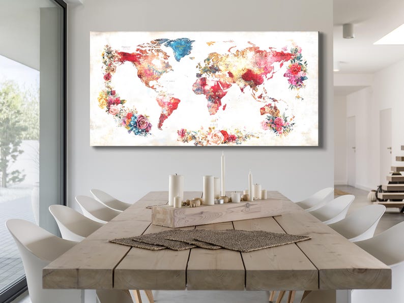 Colorful Floral World Map Canvas Painting Abstract Watercolor Map Wall ...