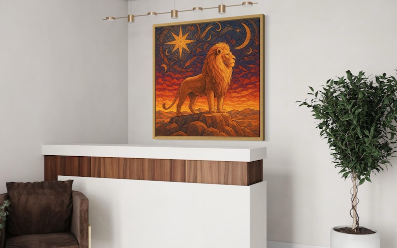 Golden lion in a geometric mosaic sunset scene with a large star and deep blue night sky