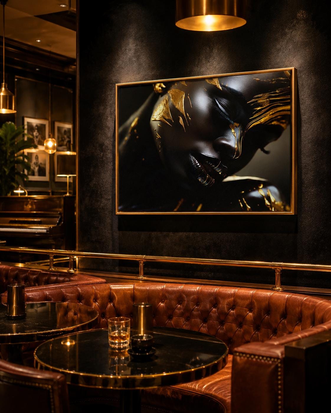 A dark, near-black and gold portrait-style image shows a stylised female figure with dramatic lighting and metallic gold accents detail view